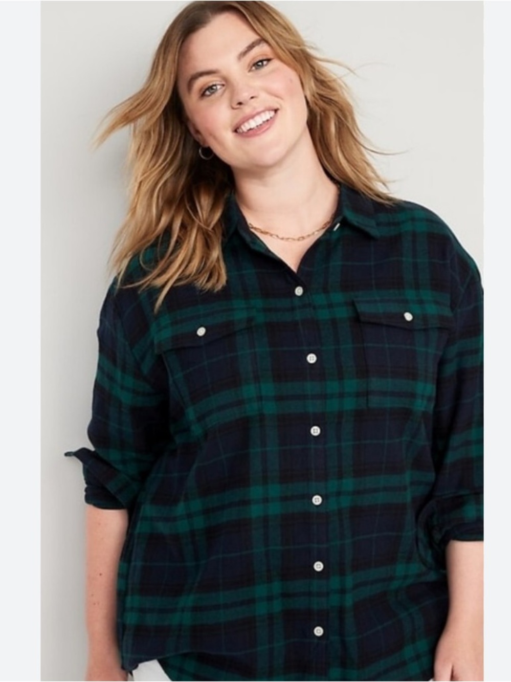 Old Navy XXL Green Black Navy Plaid The Boyfriend Flannel Button Down Shirt